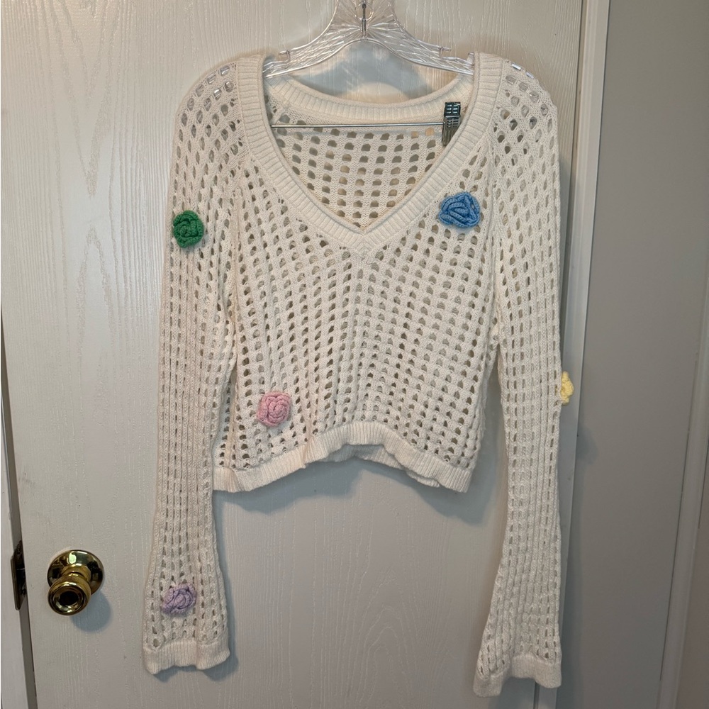 White Knit Sweater with Colorful Flower Accents